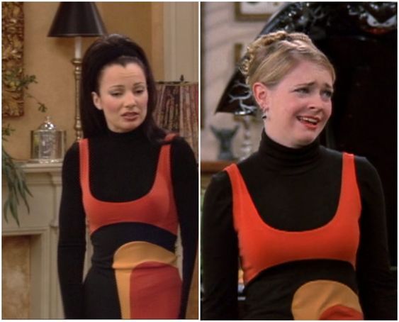 two pictures of the same woman in different outfits, one is wearing an orange and black dress