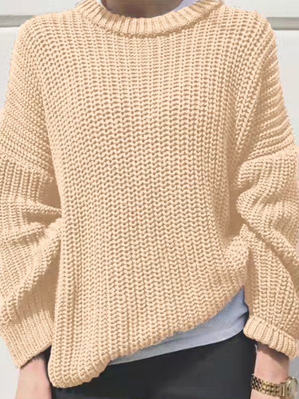 Solid Crew Neck Knit Sweater Cozy Solid Color Chunky Knit Sweater, Cozy Chunky Knit Solid Sweater, Casual Beige Acrylic Sweater, Beige Acrylic Cable Knit Sweater, Beige Knitted Crew Neck Outerwear, Casual Cropped Chunky Knit Sweater, Casual Beige Sweater For Cold Weather, Beige Acrylic Crew Neck Sweater, Oversized Ribbed Sweater In Acrylic