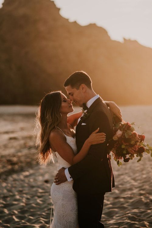 a bride and groom standing on the beach at sunset with their arms around each other