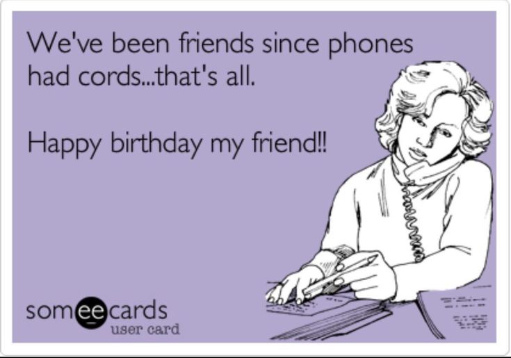 a woman sitting at a table in front of a purple background with the words, we've been friends since phones had cords that's all happy birthday my friend