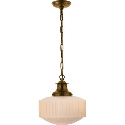 a light fixture with a white glass shade hanging from it's ceiling lamp holder