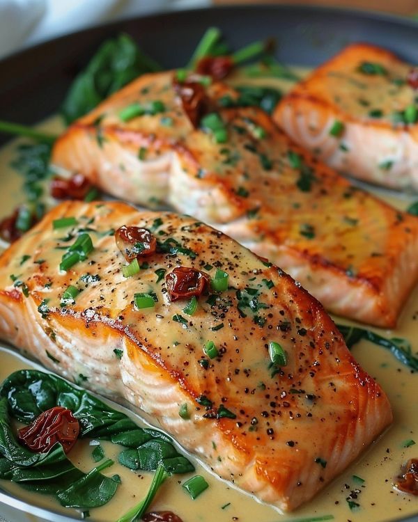 two salmon fillets on a plate with spinach