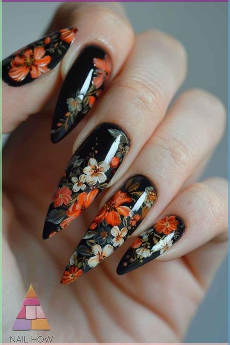 Fall Flower Nails Design, Gothic Floral Nails, Unique Fall Nail Designs, Autumn Floral Nails, Dark Floral Nails, Black Nails With Flowers, Nail Ideas Floral, Fall Aesthetic Nails, Black Floral Nails