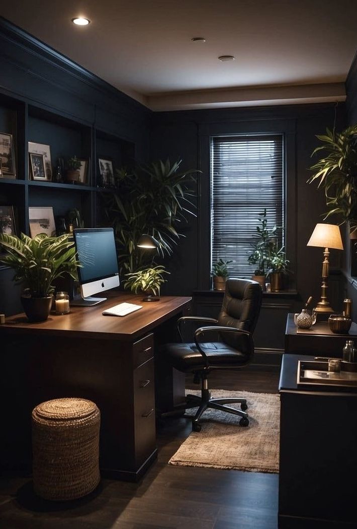 a home office with dark walls and plants on the desk, along with a large window