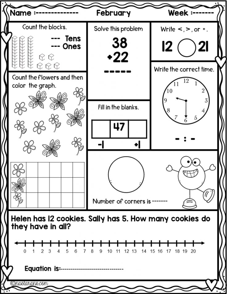 the worksheet for addition and subtraction with numbers, flowers, and clocks