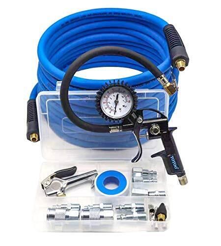 an air compressorer with hoses, gauge and other tools in the case on a white background