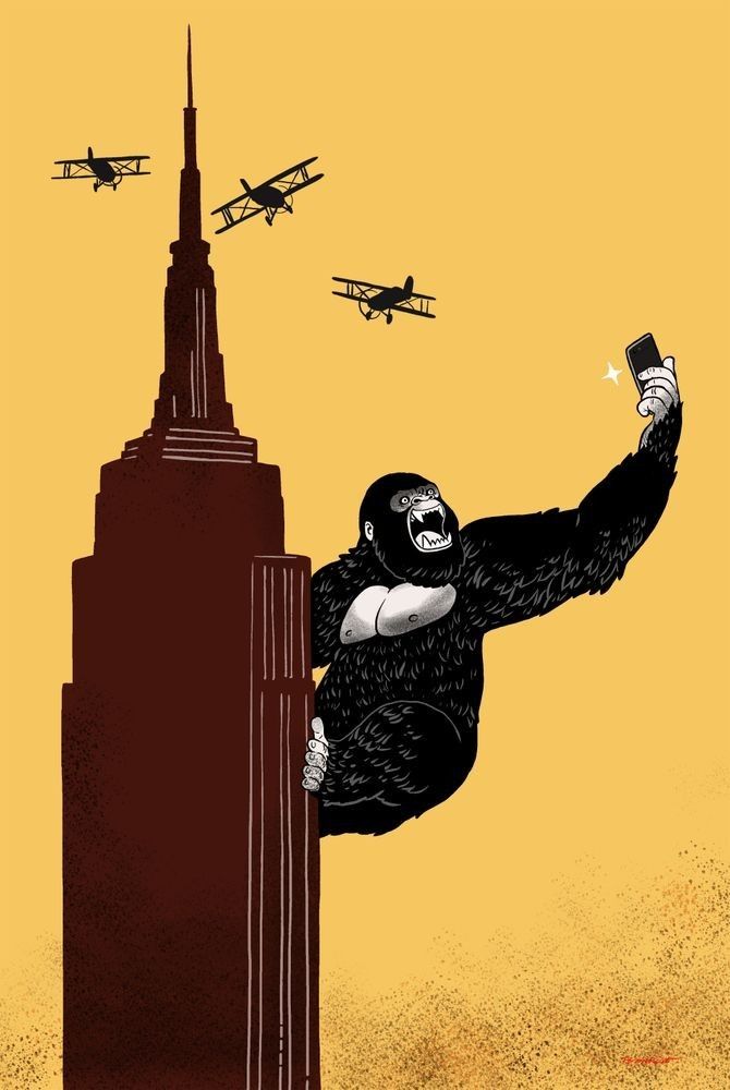 an illustration of a gorilla on top of a tall building with airplanes flying in the background