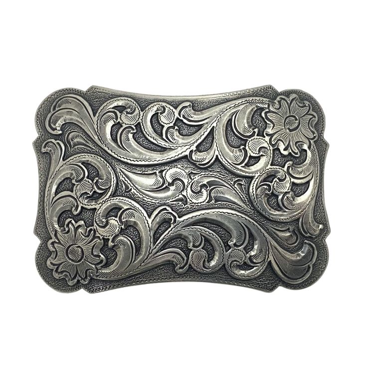 This unique trophy belt buckle is the perfect gift for any country girl! Cast with fine detail in zinc, then carefully plated with a Sterling Silver finish, and then sealed with a clear finish to preserve the fine quality and finish. Meant for belts that measure up to 1.5" wide.Buckle measures approximately 3.25" x 2.25". Classic Silver Buckle Belt Buckles As Gift, Classic Silver Buckle Belt As Gift, Western Antique Belt Buckles In Rectangular Shape, Western Antique Rectangular Belt Buckle, Western Style Rectangular Antique Belt Buckle, Luxury Engraved Silver Belt Buckles, Classic Engraved Belt Buckles As Gift, Classic Concho Belt Buckles For Formal Wear, Elegant Silver Belt Buckles As Gift