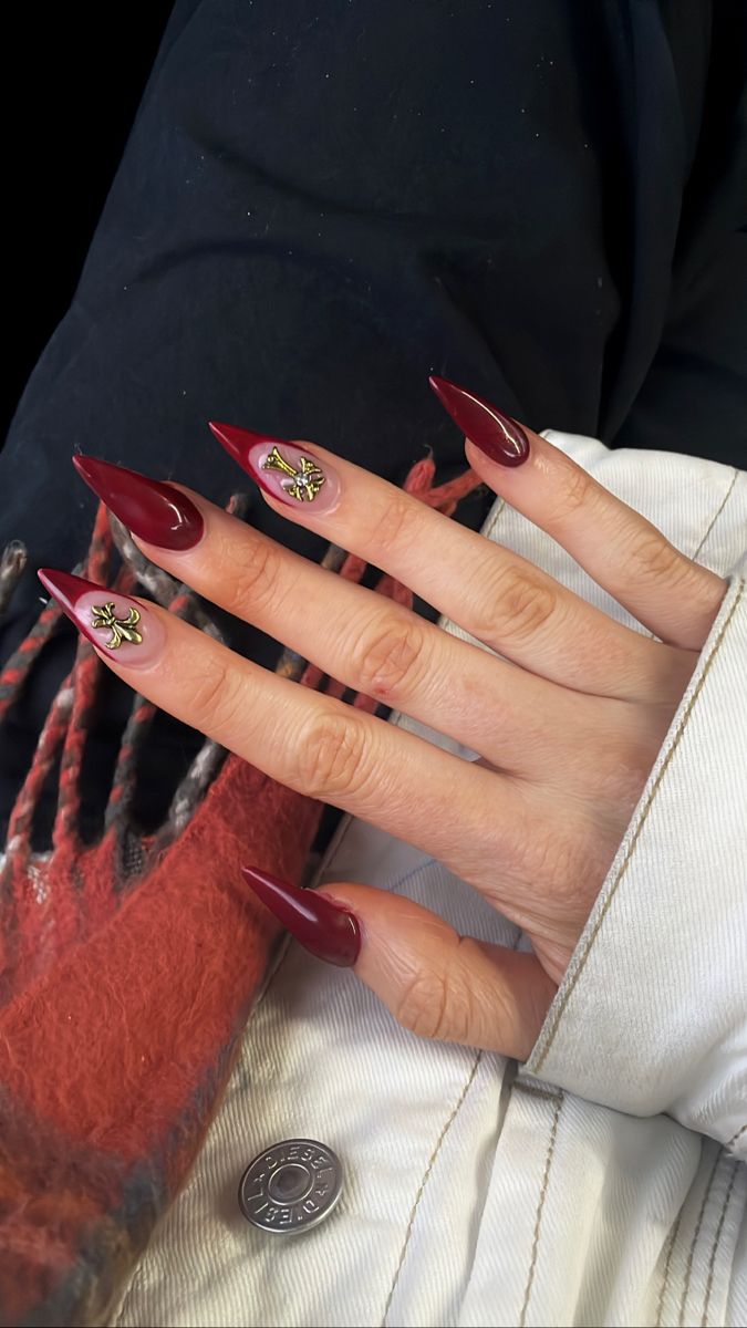 Nail Inspo Cross Charm, Red Nails With Cross Charm, Red Nails Charms, Halloween Nails With Charms, Red Nails With Cross, Red Nails With Charms, Y2k Red Nails, Y2k Nails Red, Y2k Christmas Nails