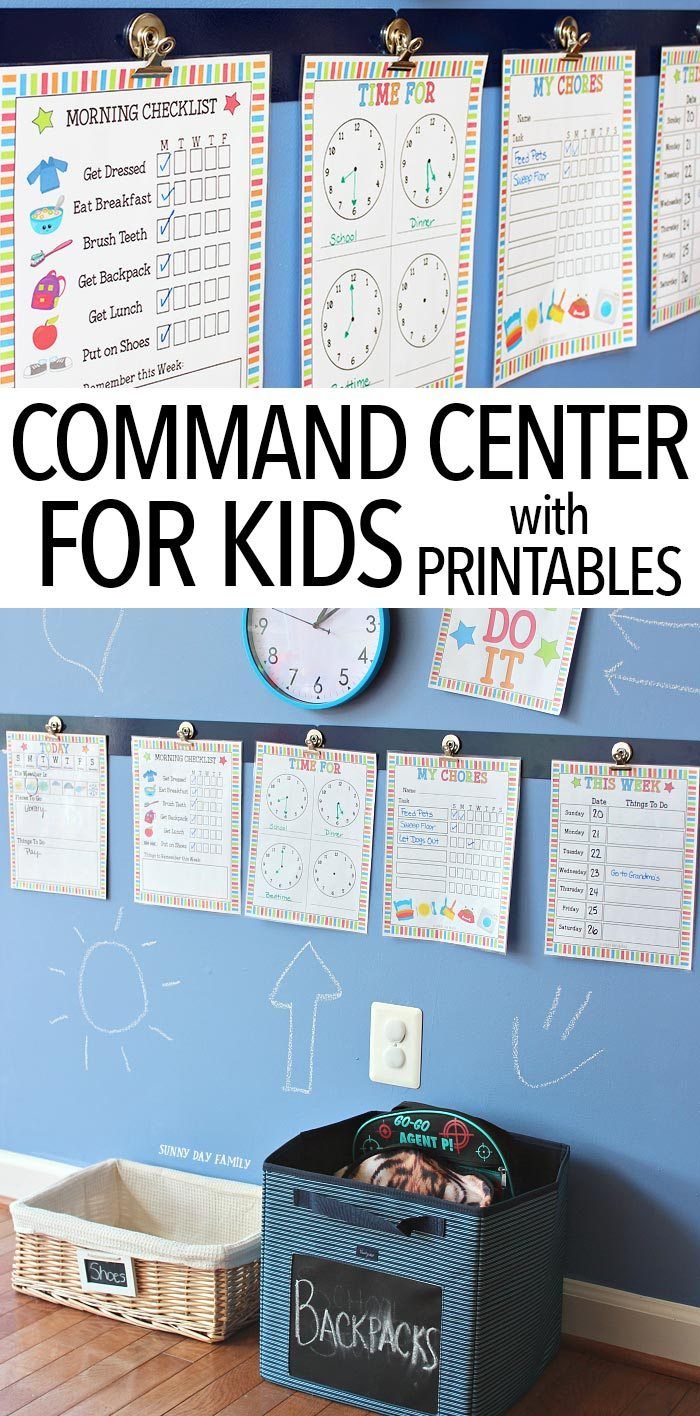 a blue wall with some pictures on it and the words command center for kids printables