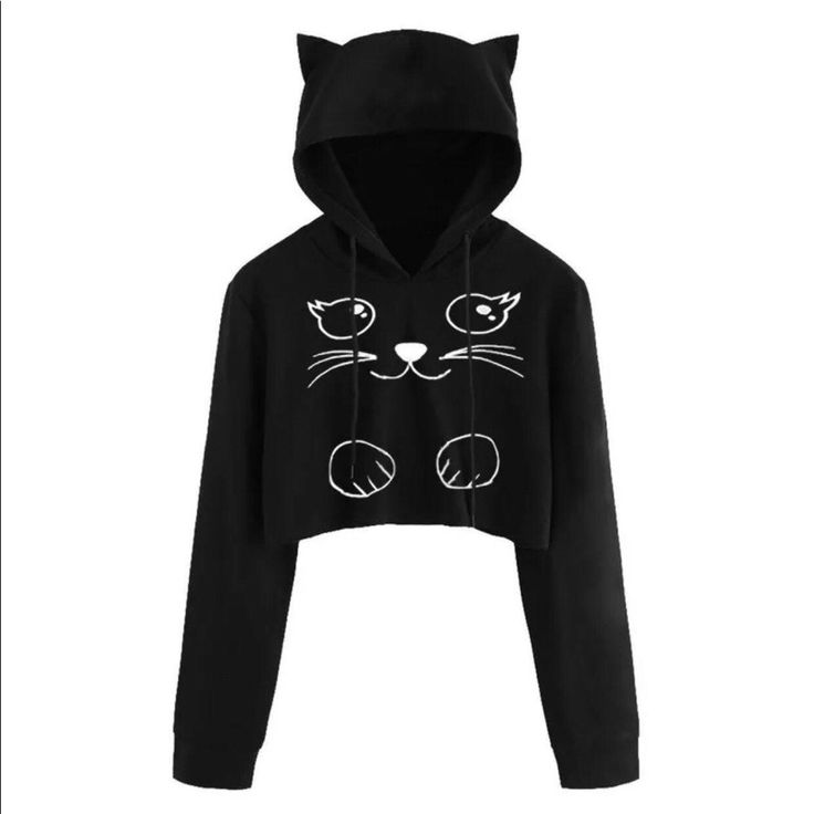 Brand New Without Tag Size Small Cute Black Sweatshirt For Winter, Cute Black Winter Sweatshirt, Winter Trendy Top With Cat Print, Black Hoodie With Cat Design, Black Hoodie With Cat Print, Casual Cat Design Hoodie For Fall, Black Hooded Hoodie With Cat Print, Cute Black Hooded Top, Casual Fall Hoodie With Cat Design