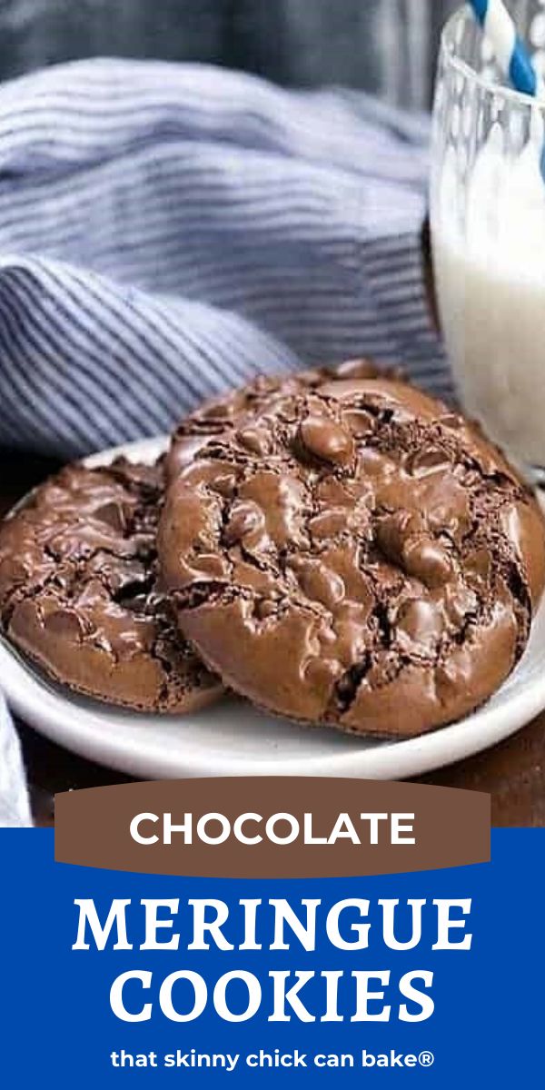 chocolate meringue cookies on a white plate next to a glass of milk