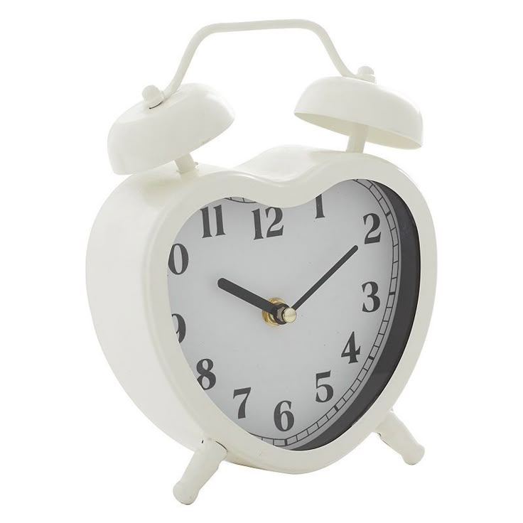 a white alarm clock with black hands and numbers on the face is shown in front of a white background