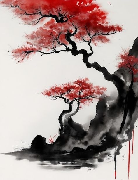 a painting with red and black ink on white paper, depicting a tree in the foreground