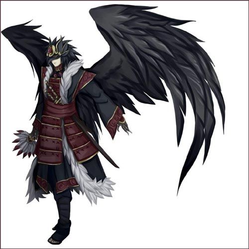 an anime character dressed in black and red with wings spread out to the side,