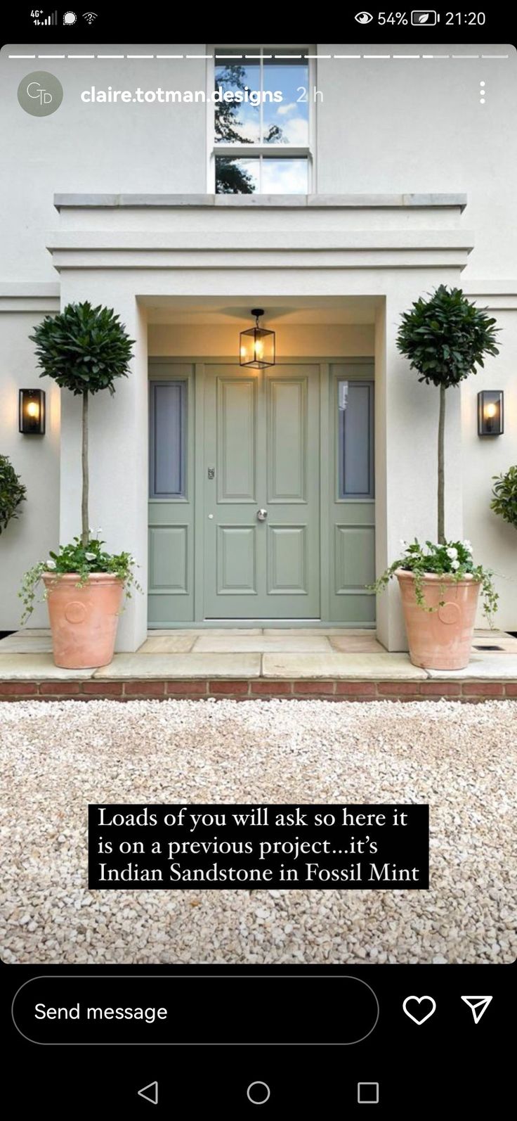 the front door of a house with two potted plants on each side and an email message below