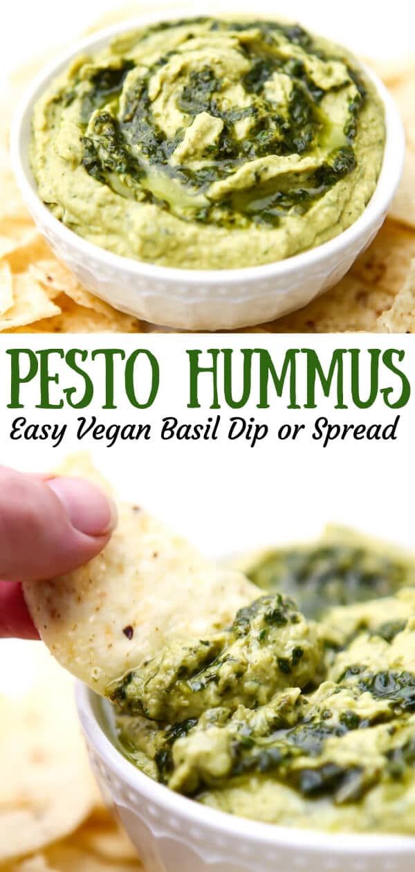 two pictures showing how to make pesto hummus with tortilla chips and salsa