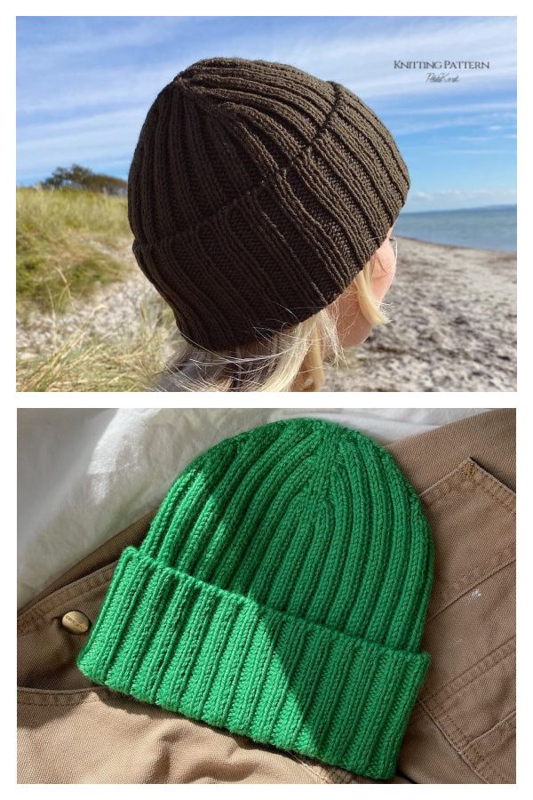 two pictures one with a green beanie and the other with a brown knitted hat