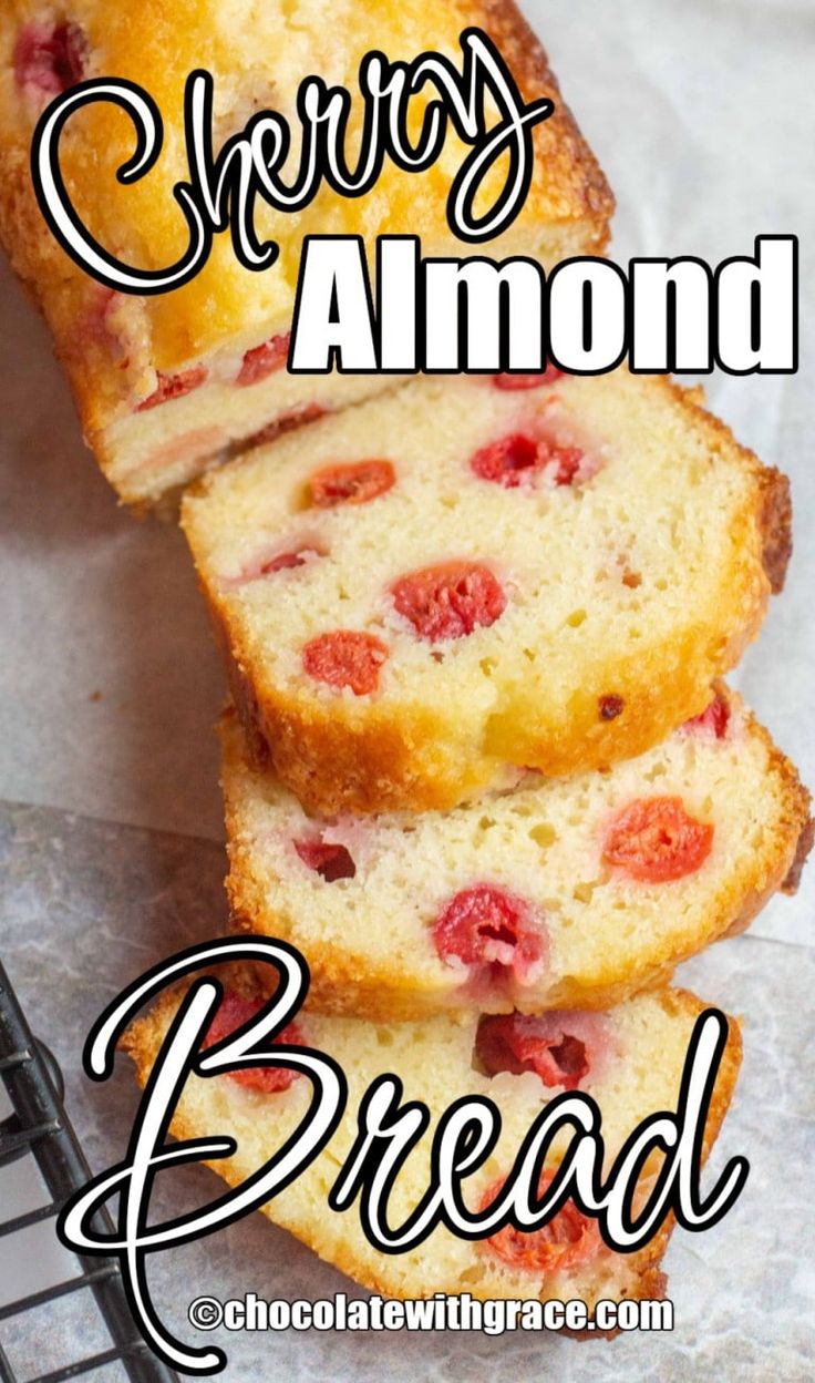 two slices of strawberry almond bread stacked on top of each other with text overlay