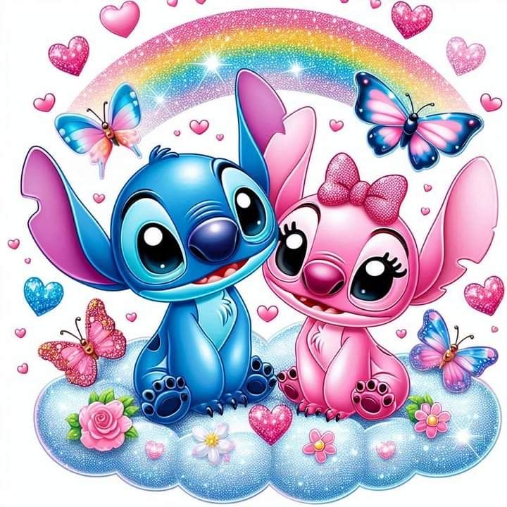 two cartoon characters sitting on top of a cloud with hearts and butterflies in the background