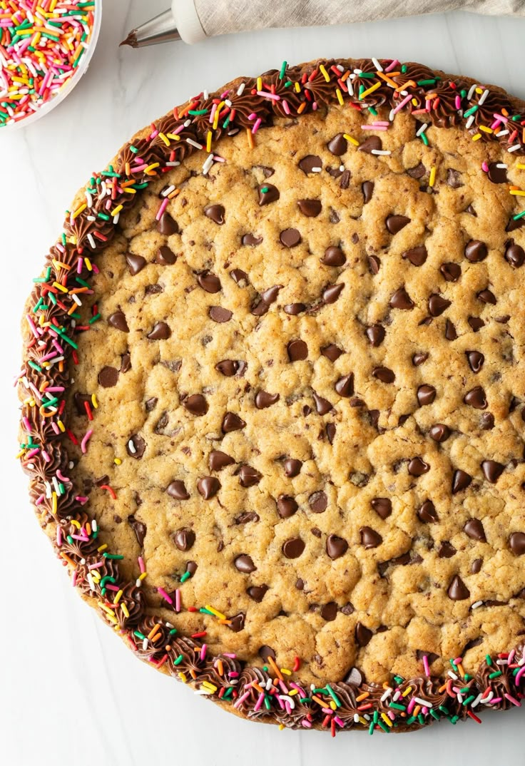 a chocolate chip cookie pie with sprinkles on the top and one missing