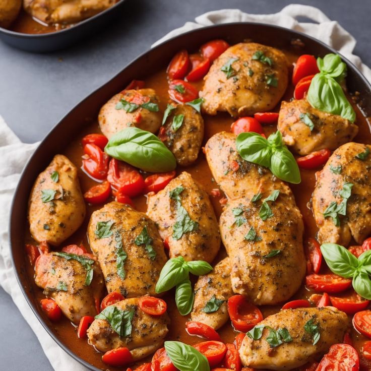 a pan filled with chicken and tomatoes covered in basil leaf garnish on top of a table