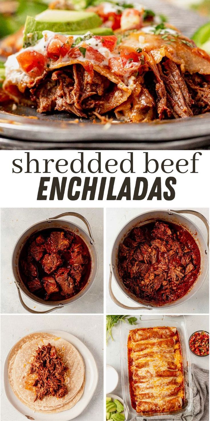 shredded beef enchiladas in a casserole dish