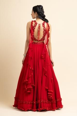 Shop for Nitika Gujral Georgette Lehenga And Embroidered Blouse Set for Women Online at Aza Fashions V Neck Lehenga, Cancan Lehenga, Sheer Dupatta, Lehenga And Blouse, Georgette Lehenga, Padded Blouse, Red Sequin, Sheer Blouse, Embroidered Blouse