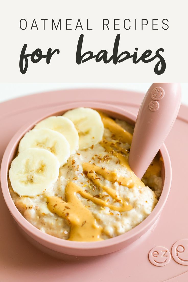 oatmeal recipe for babies with bananas and peanut butter in a pink bowl