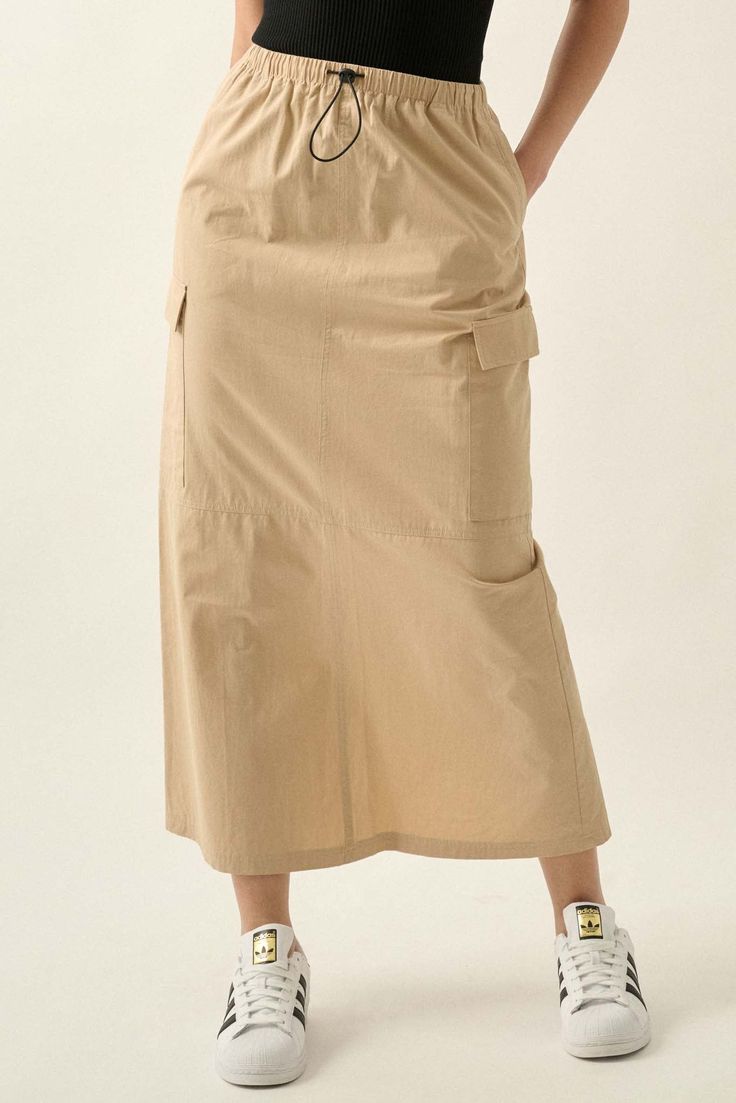 Pace Yourself Cotton Twill Cargo Maxi Skirt - ShopPromesa Pocket Skirt Outfit, Maxi Cargo Skirt, Beige Midi Skirt, Pace Yourself, Simple Summer Style, Workwear Brands, Twill Skirt, Long Denim Skirt, Muslim Fashion Outfits