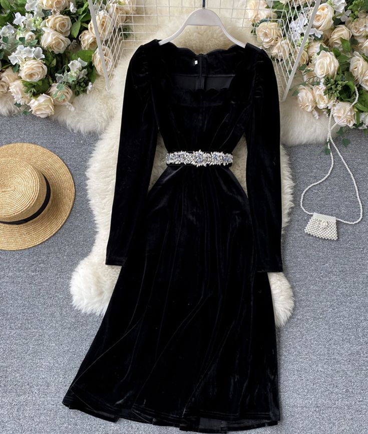 Black velvet A line dress black fashion dressFabric: velvetColor: picture colorSize(cm): S, M, LS length 103 bust 74-86 waist 70-80 sleeve length 62M length 104 bust 78-90 waist 74-84 sleeve length 63L length 105 bust 82-94 waist 78-88 sleeve length 64&ltp&gtFor more pictures and videos of dress, please contact us, thank you.&lt/p&gt&ltbr/&gt Black Velvet A-line Dress, Elegant Black A-line Velvet Dress, Black Velvet Long Sleeve Winter Dress, Black A-line Long Sleeve Formal Dress, Elegant Velvet Midi Dress For Fall, Elegant Black Velvet Dress For Night Out, Elegant Long Sleeve Velvet Midi Dress, Winter Velvet Cocktail Dresses, Winter Cocktail Velvet Dresses