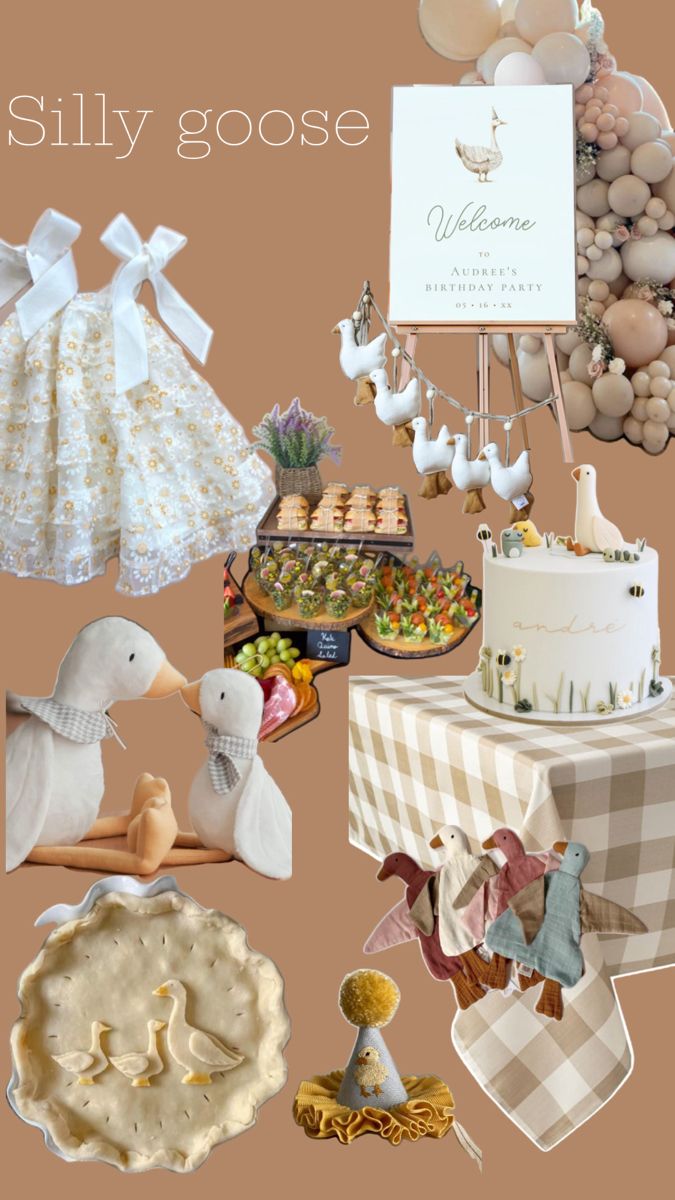 a collage of baby items including cake, bib and other things that are on display