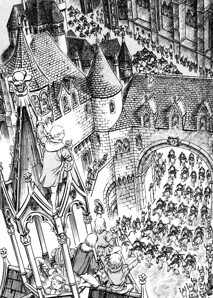 a drawing of a castle with lots of people in it