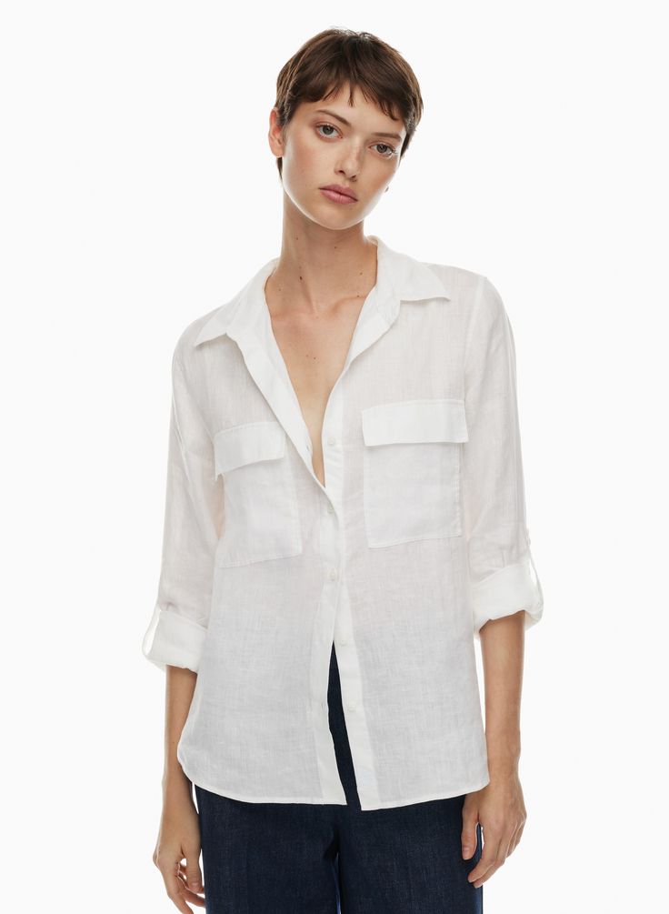 UTILITY LINEN SHIRT | Aritzia Linen Shirt With Roll-up Sleeves For Summer, Summer Linen Shirt With Roll-up Sleeves, Linen Blouse With Button Cuffs And Spread Collar, Linen Shirt With Button Cuffs And Shirttail Hem, Linen Blouse For Work With Shirttail Hem, Effortless Linen Tops With Pockets, Relaxed Fit Linen Tops With Buttoned Pockets, Casual Linen Blouse With Pockets, Spring Linen Tops With Flap Pockets