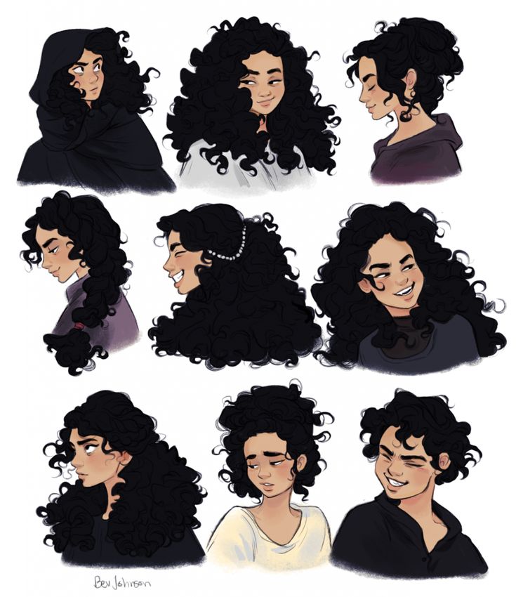 some drawings of curly hair with different expressions