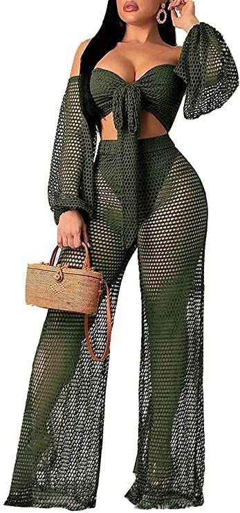 Women Sexy Mesh See Through Crochet Off Shoulder Crop Tops and Legging Pants 2 Piece Bikini Swimsuit Cover-ups Beach Outfits Crop Top And Leggings, Beach Outfits, Legging Pants, Off Shoulder Crop Top, Cover Ups, Floral Jumpsuit, Swimsuit Cover Ups, Shoulder Crop Top, Swimsuit Cover