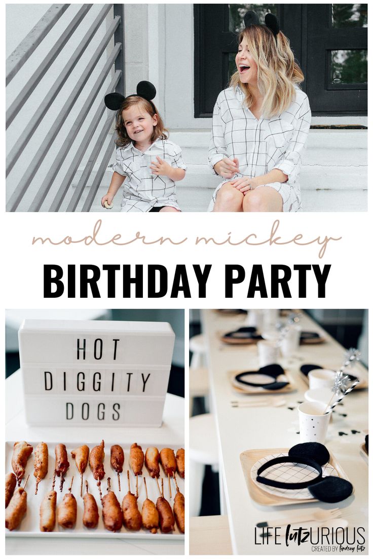 a birthday party with mickey mouse and minnie mouse ears on the table, including an image of