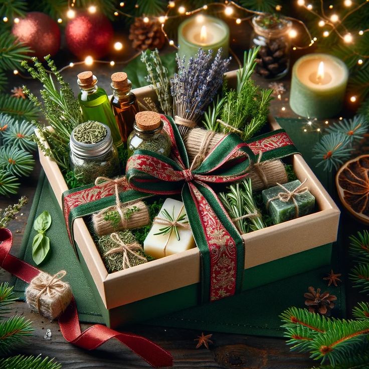 a christmas gift box with candles, soaps and other holiday decorations on a table