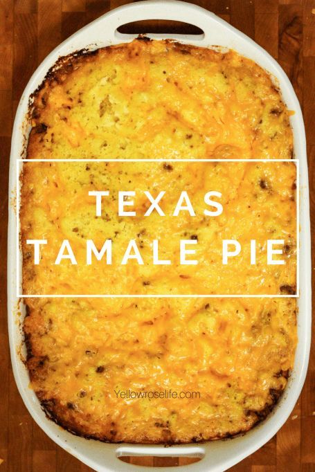 a casserole dish with the words texas tamale pie in white over it