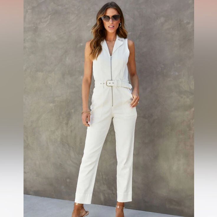 Brand New Vici White Denim Belted Jumpsuit! Runs A Tad Big, Nwt Chic Denim Jumpsuit For Summer Workwear, High Waist Summer Overalls For Workwear, High Waist Summer Workwear Overalls, Trendy White Denim Jumpsuit With Pockets, Trendy White Denim Jumpsuit For Spring, Fitted White Denim Jumpsuit, High Waist Jumpsuits And Rompers For Spring Workwear, Fitted White Denim Jumpsuit For Summer, High Waist Denim Jumpsuit For Spring Workwear