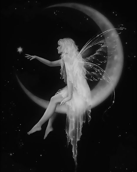 a black and white photo of a fairy sitting on the moon with her hand out