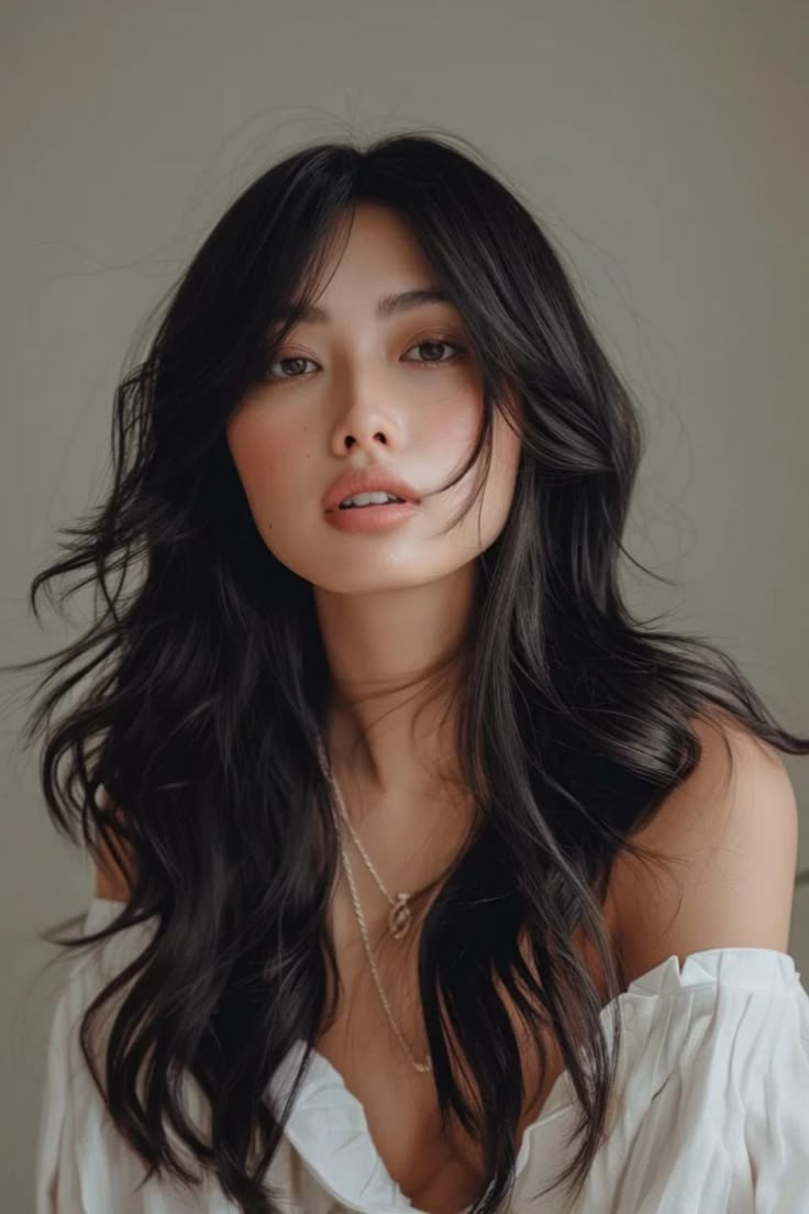 Woman with long dark hair and subtle makeup looking at the camera with a gentle expression, wearing a white off-shoulder top and a delicate necklace. Asian Medium Length Hair With Layers, Layered Hair With Curtain Bangs, Bangs Styles, Free Hairstyle, Hair With Curtain Bangs, Hairstyles Quick, Layered Hair With Bangs, Toddler Hairstyles, Haircut Inspo