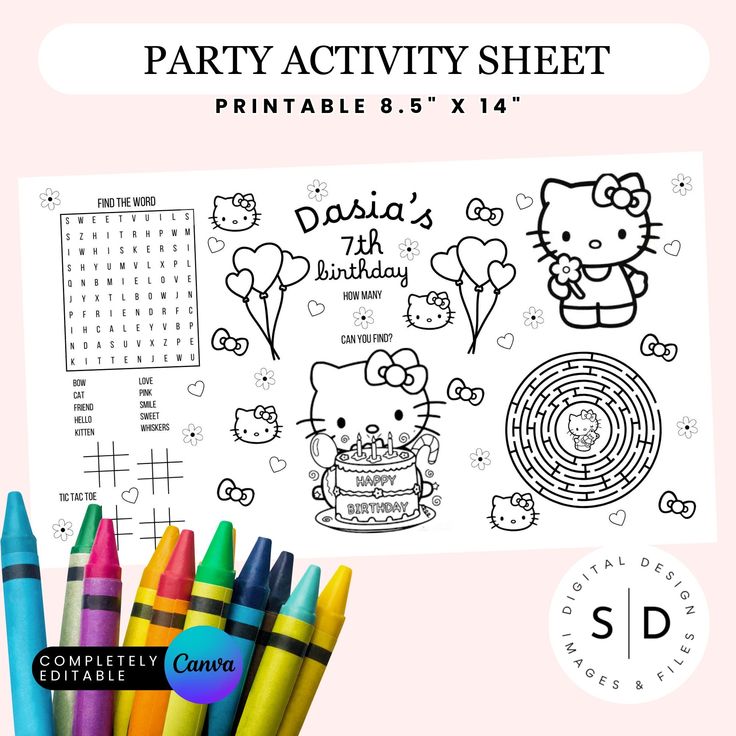 the hello kitty party activity sheet is shown with markers and crayons in front of it