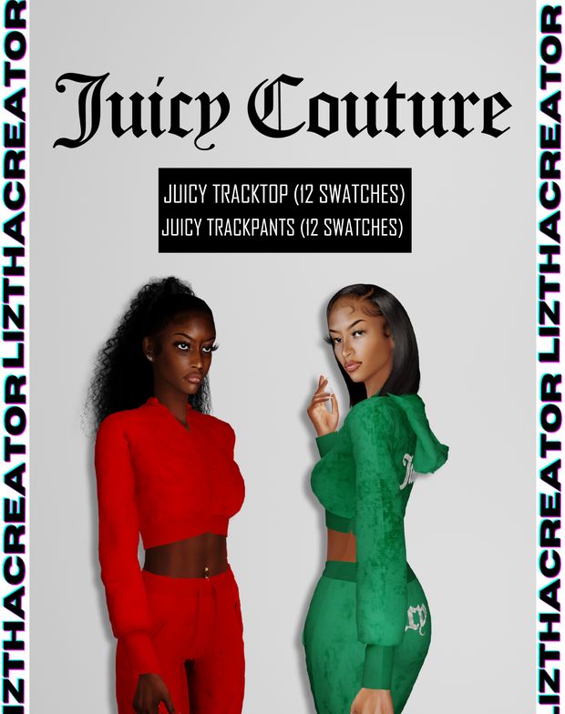 two women in red and green outfits with the caption juicy couture juicy tracid 40 swatches juicy trackpants 32 swatches