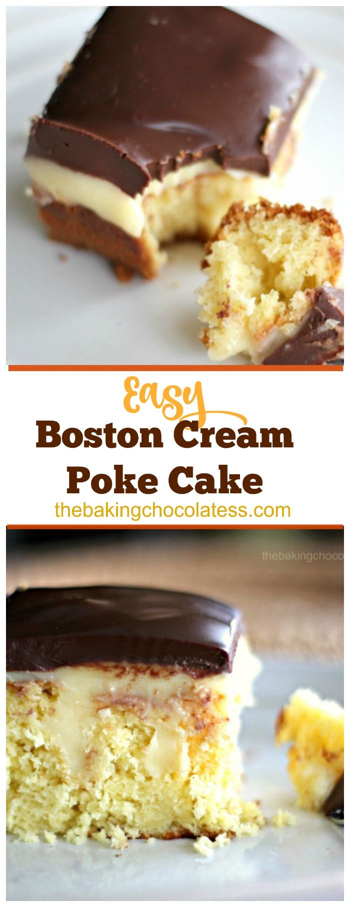 two pictures of boston cream poke cake