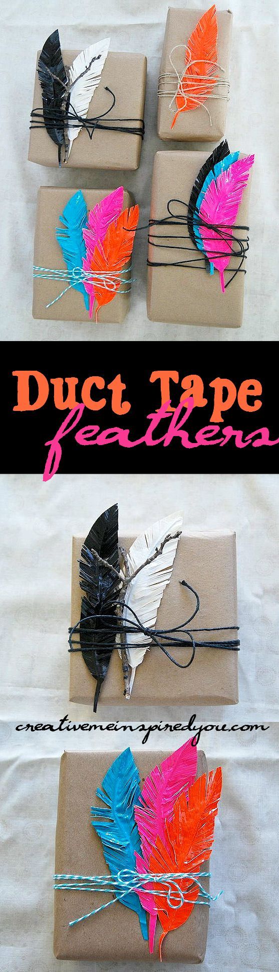 four different types of feathers are tied to brown wrapping paper and placed on top of each other