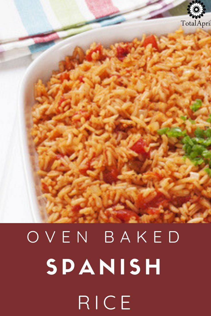 an image of spanish rice in a casserole dish with text overlay that reads oven baked spanish rice