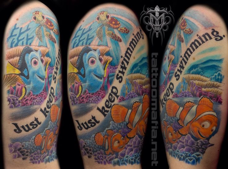 some tattoos that are on the legs of someone's leg and one has an image of finding nemo