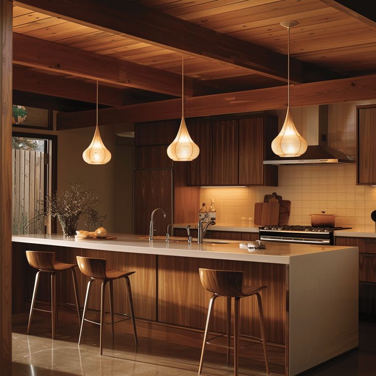 a kitchen with wooden cabinets and lights hanging from the ceiling over the island countertop