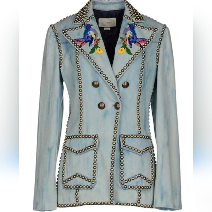 New Gucci Blue Acid Washed Bird Embroidered Gold Studded Denim Blazer Small Brand: Gucci Designer: Alessandro Michele Material: Denim Color: Blue Pattern: Solid Closure: Button Extra Detail: Acid Washed Blue Denim. Bird Embroidery At Collar. Gold-Tone Dome Stud Embellishment. Double Breasted. Blue Gucci Outerwear For Work, Gucci Blue Outerwear For Spring, Designer Blue Denim Outerwear, Designer Fitted Denim Jacket, Gucci Blue Spring Outerwear, Blue Gucci Outerwear For Spring, Designer Denim Jacket For Fall, Designer Blue Denim Jacket For Fall, Blue Designer Gucci Outerwear